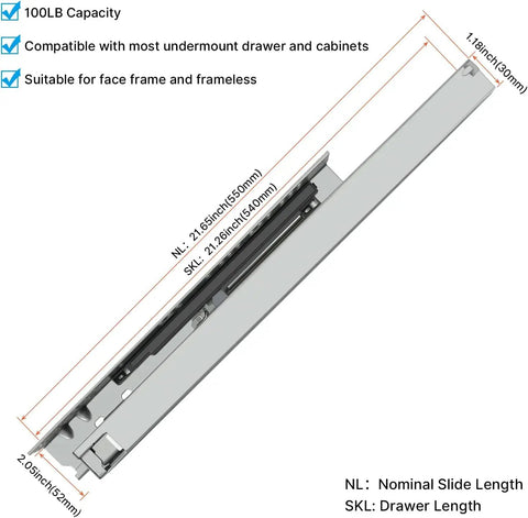 Diagram of Soft Close Undermount Drawer Slides 22 Inch Concealed Full Extension Bottom Mount 6 Pairs For Kitchen Cabinets