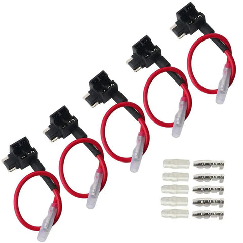5Pcs Premium Acn Low Profile Add A Circuit Fuse Tap Kit With Piggy Back Blade Holder includes red wires and connectors.