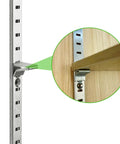 Close-up of Heavy Duty 17 Inch Pilaster Shelf Brackets Set Of 8 Adjustable Mortise Wall Rails featuring galvanized steel installation.