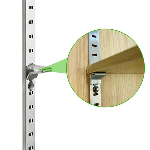 Close-up of Heavy Duty 17 Inch Pilaster Shelf Brackets Set Of 8 Adjustable Mortise Wall Rails featuring galvanized steel installation.