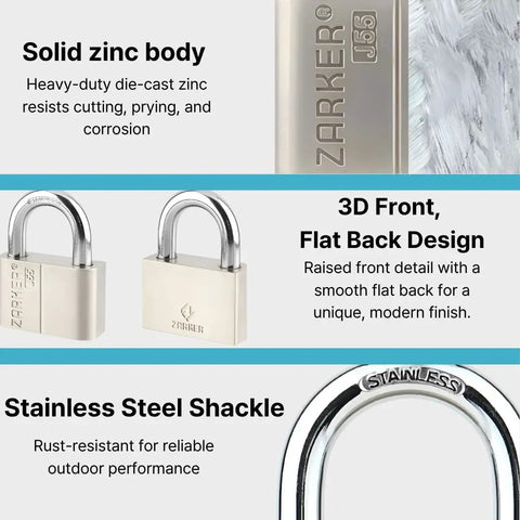 Keyed Alike Padlocks 4 Pack Workhorse Heavy Duty Stainless Steel Shackle Lock Waterproof and Rustproof Outdoor Grade features