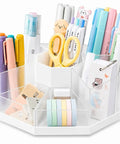 Spin It Desk Organizer With 360 Degree Rotation Nine Removable Compartments holds pens, scissors, and colorful stationery.
