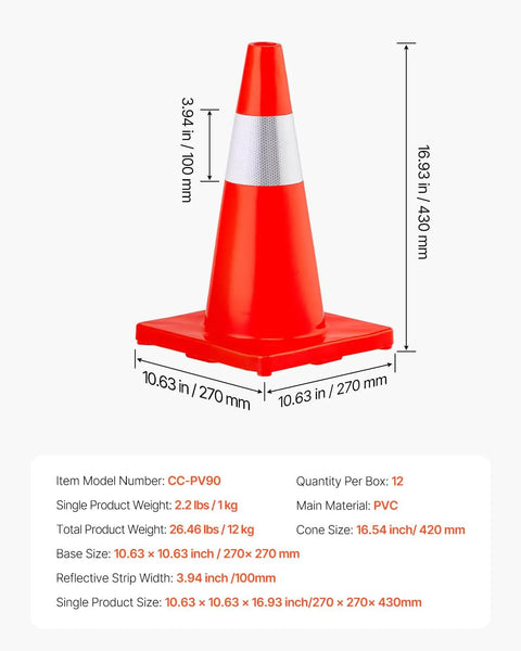 Dimensions and details of Six Pack 28 Inch Orange Traffic Cones With Reflective Collar Heavy Duty PVC Road Safety Cones