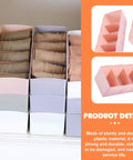 Six Piece Pink Plastic Underwear Drawer Organizer Set Smooth Dresser Storage Dividers shown with folded socks in bins.