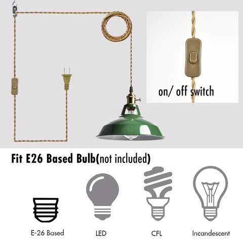 Totally Sleek Modern Green Plug In Pendant Light Featuring Heavy Duty Metal Barn Style Hanging Swag Lamp With Retro Macaron Shade showing cord and switch.
