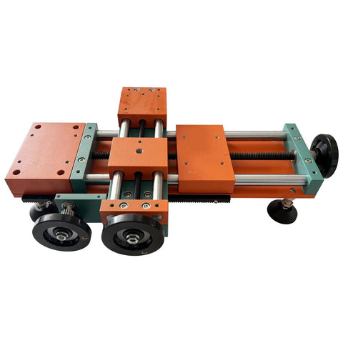 EQCOTWEA Mini Wood Lathe Benchtop Turning Machine With Dual Motors And Stepless Speed Control Up To 3000 RPM view of orange metal parts.