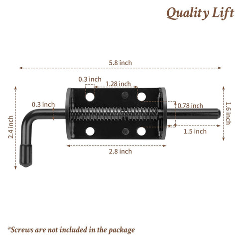 Quality Life black spring-loaded gate latch bolt, steel, for shed doors and gates; front view with mounting holes