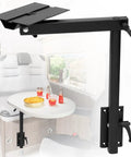 Heavy Duty Aluminum RV Table Leg Equipped With 360 Swivel And Adjustable Height Plus Space Saving Bracket For Camper Motorhome Yacht Setup Rock Solid Base Black attached to wall with table setup and drinks.