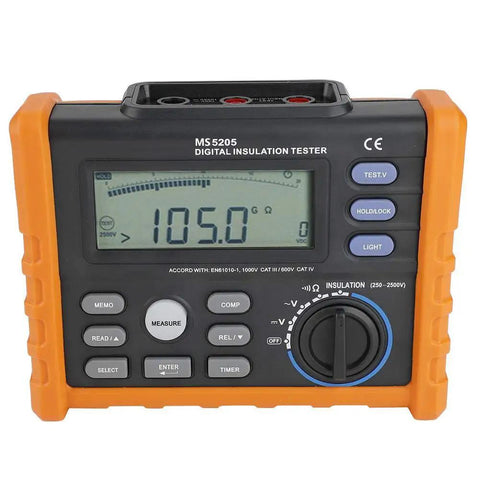 Front view of Digital Insulation Tester Multimeter with 0.01M to 100G Insulation Range and display showing 105.0Ω