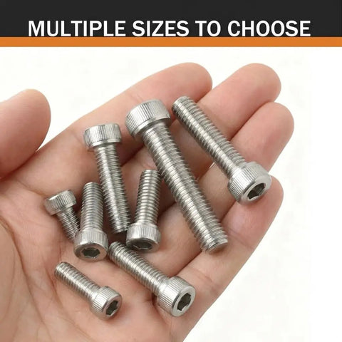 Top Shelf M5 X 25mm 50 Pack Socket Head Cap Screws 304 Stainless Steel showing multiple sizes in hand.