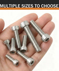 M2.5 x 8mm 50 Pack Socket Head Cap Screws And Bolts Crafted From Top Shelf 304 Stainless Steel in hand, showcasing various sizes.