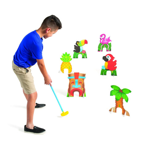 Child playing with Tropical Luau Mini Golf Set For Kids With Toddler Golf Clubs Putting Mat Markers Palm Tree And Pineapple Hole Markers