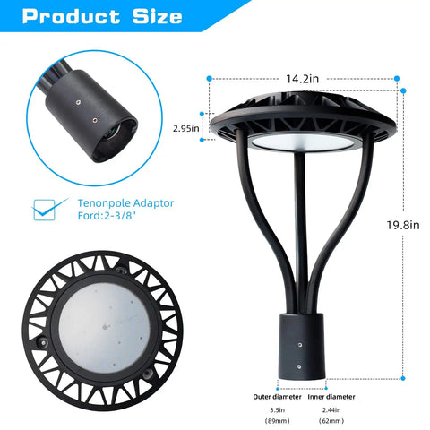 Ultra Bright 150W LED Post Top Light For Outdoor Spaces 5000K Daylight Color IP65 Waterproof DLC ETL Listed size details