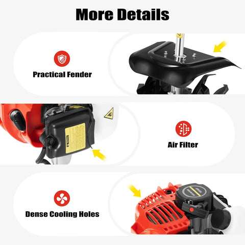 Gas Powered Tiller Cultivator With 51.7Cc 2 Stroke Engine showing fender, air filter, and cooling holes details