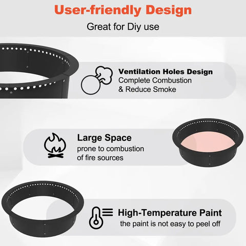 Smokeless Fire Pit Ring Liner user-friendly design with ventilation holes, large space, high-temperature paint for outdoor DIY use.