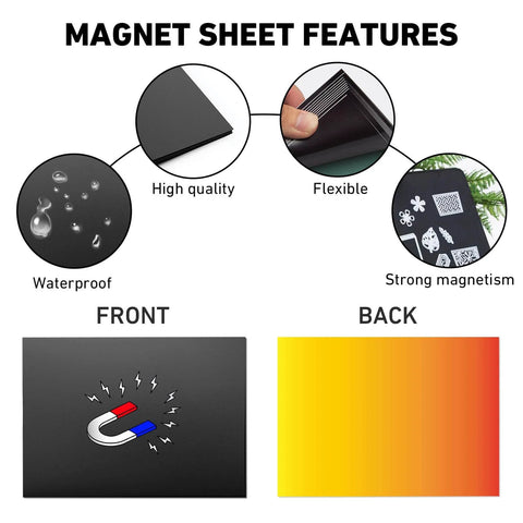 Features of 40-Piece Magnetic Sheets For Dies Storage With Rubber Magnet Sheets, highlighting waterproof, flexible, and strong magnetism qualities.