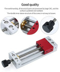 LONGFDX Wood Carving Vise For CNC Engraving Machine showing polished guide rods, quick release screw, and compact design.