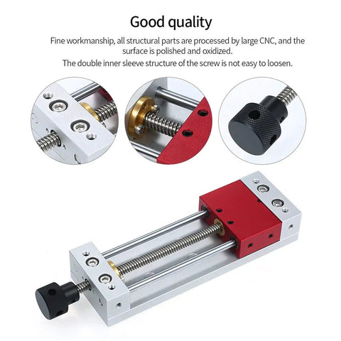 LONGFDX Wood Carving Vise For CNC Engraving Machine showing polished guide rods, quick release screw, and compact design.