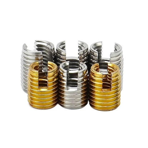 Heavy Duty Self Tapping Thread Inserts For Damaged Screw Holes, M2 To M20 Size Slotted Bushings In Carbon Steel, various colors.