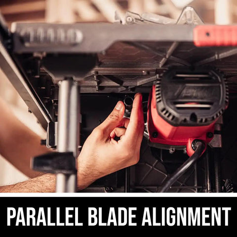 Parallel blade alignment on powerful 15 Amp 10 inch portable jobsite table saw with folding stand and micro adjustable blade.
