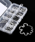 Stainless Steel E Clips And Retaining Rings Kit For Shafts And Housings, showing assorted sizes in clear box on black background.