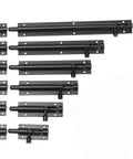 Heavy Duty Sliding Bolt Door Latch Pack Of Two Aluminum Alloy Gate Lock For Barn And Patio Doors Smooth Operator Self Closing Design Silver And Black 4 Inch Slide Bolts Lock Up Safe And Sound in matte black finish, various sizes displayed.