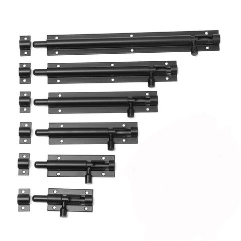 Heavy Duty Sliding Bolt Door Latch Pack Of Two Aluminum Alloy Gate Lock For Barn And Patio Doors Smooth Operator Self Closing Design Silver And Black 4 Inch Slide Bolts Lock Up Safe And Sound in matte black finish, various sizes displayed.