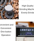 Close-up of a fully automatic coffee machine with ceramic silent grinder and touch panel brew system for home and office.