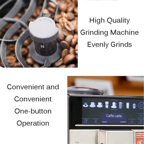 All In One Fully Automatic Coffee Machine With Bean To Cup Grinding And Brewing, 1700W, PP Material Body, Touch Panel, Ceramic Silent Burr Grinder, 5 Grind Settings, Quiet Operation For Office And Home Use, close-up of grinder and touch panel