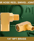 Two Pack One Quarter Inch NPT Brass Swivel Joint 90 Degree Elbow For Air Hose Reels Female To Male Threads High Pressure Up To 5000 PSI Includes Teflon Tape For Leak Free Connection, 1/4 NPT brass elbow