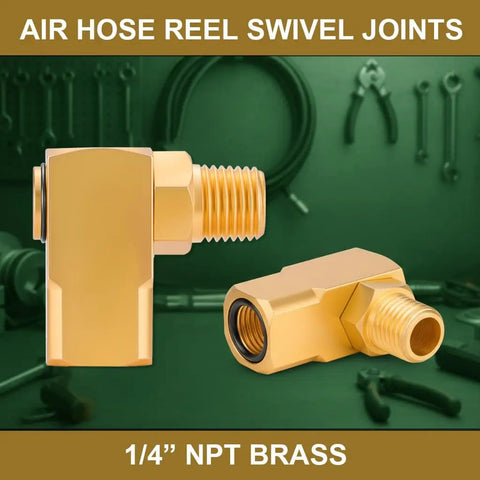 Two Pack One Quarter Inch NPT Brass Swivel Joint 90 Degree Elbow For Air Hose Reels Female To Male Threads High Pressure Up To 5000 PSI Includes Teflon Tape For Leak Free Connection, 1/4 NPT brass elbow