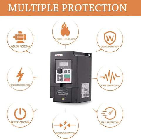 Beefed Up 1.5KW VFD Motor Speed Controller for CNC Spindle with protection features displayed