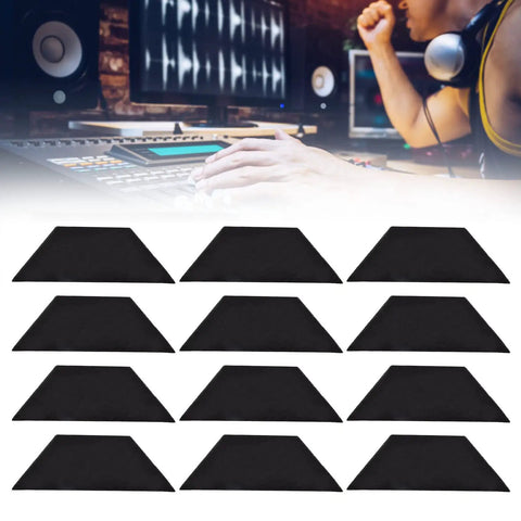 Sick Acoustic Panel Set With 12 Pieces Of Trapezoidal Soundproof Foam arranged for sound absorption in a music studio.