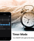 Smartphone showing timer mode next to clock for Low Voltage RGB LED Deck Lights Kit Waterproof Recessed Deck Lamps Outdoor.