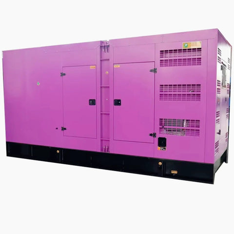 High Output Generator 400kW To 1000kW Open Chassis Beefed Up Industrial Power Plant For Heavy Duty Pumping And Backup Power With Onsite Utilities Available purple enclosed unit side view