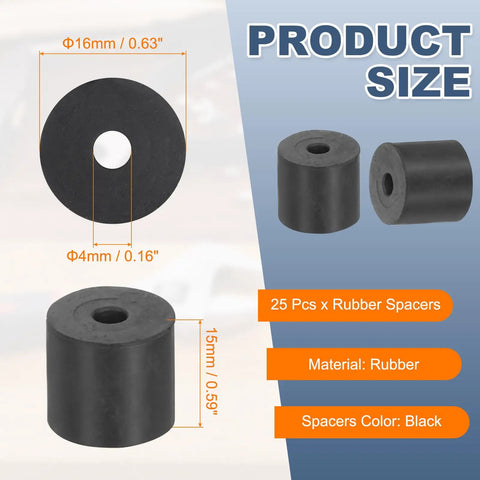 25 Pack Rubber Spacers 16mm OD 4mm ID 15mm Thick Black Round Anti Vibration Pads Isolation Bushings Washers image with dimensions.