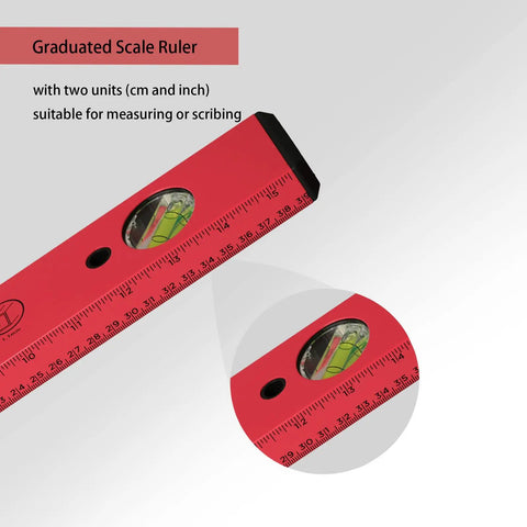 Heavy Duty 16 Inch Magnetic Torpedo Spirit Level With Three Precision Vials For 45 90 And 180 Degree Layouts red level with vials and cm inch ruler.