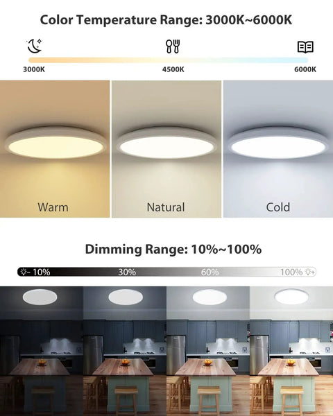 Dimmable Smart LED Ceiling Light Flush Mount 12 Inch 24W 3200 Lumens Remote Control, color temperature and dimming range shown.