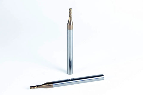 Square End Carbide Milling Set Pack Of Five End Mills For Alloy Steels And Hardened Metals, shown with two TiAlN coated tools.