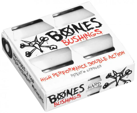 Hard Bushings 2 Pack White For Skateboard Trucks, High Performance Replacement Cushions For Smooth Turns And Responsive Ride, Made In USA, Backed By Warranty packaging.