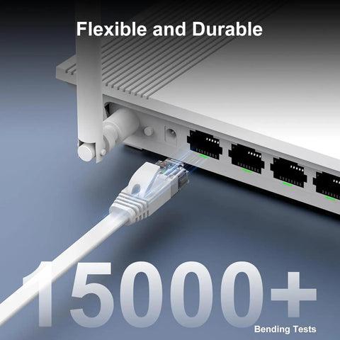 Flat Cat6 Ethernet Cable 25Ft for Indoor Outdoor Use, High Speed 10Gbps Network Patch Cord With Pure Copper Conductors connected to router