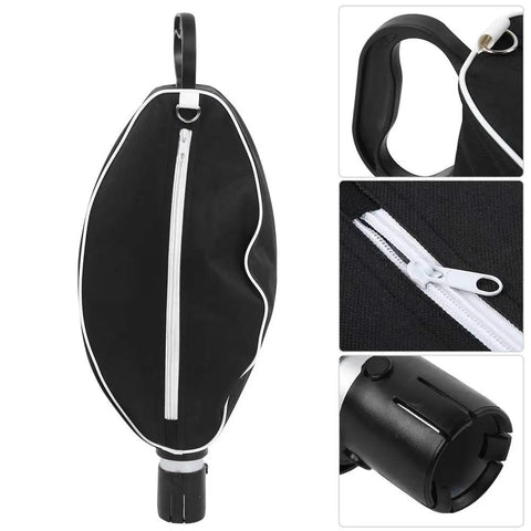 Golf Ball Picker Shag Bag With Telescopic Aluminum Tube For Easy Retrieval, black nylon bag with zipper and handle detail.