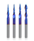4 Piece Ball Nose Router Bit Set With One Quarter Inch Shank And Three Inch Overall Length Nano Blue Coated Spiral Bits For One Quarter Inch, One Eighth Inch, One Sixteenth Inch, One Thirty Second Inch Cutting Diameters Pro Grade For 2D And 3D Carving
