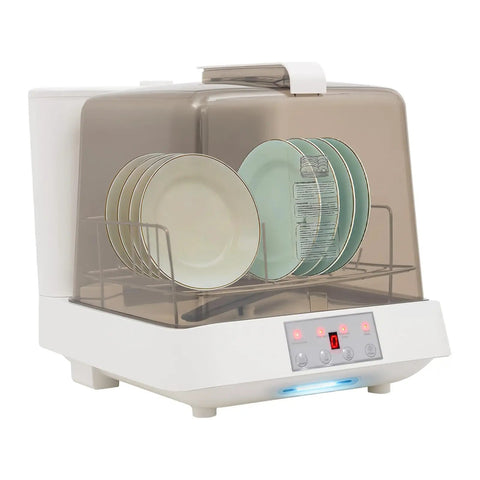 Portable Countertop Mini Dishwasher Electric Automatic Tabletop Washing Unit With Slick 360 Degree Spray Action and High Temperature Scrubbing for Dorms Apartments and RV Travel - compact design with plates inside.