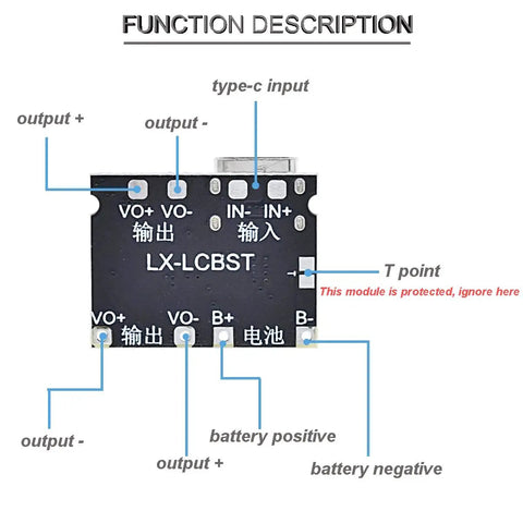 Dead Simple Five Pack 18650 Lithium Ion Battery Charger Board with Type C Input showing output connections and labels.