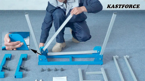 Person assembling Beefy Built Tough Miter Saw Stand Supports Up To 500 Lb with frame components on the floor.