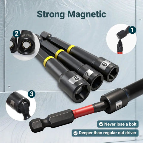 86-Piece Magnetic Impact Nut Driver Set With SAE And Metric Bits showing strong magnetic feature and detailed sockets