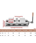 Heavy Duty Machine Vise Featuring Rock Solid Flat Nose Jaws Six Inch Double Opening Bench Clamp dimensions and specifications chart.