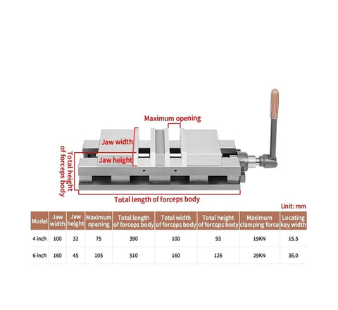 Heavy Duty Machine Vise Featuring Rock Solid Flat Nose Jaws Six Inch Double Opening Bench Clamp dimensions and specifications chart.