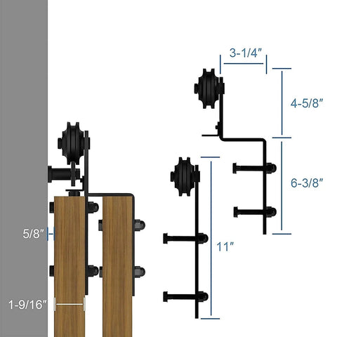 Diagram of Heavy Duty Bypass Barn Door Hardware Kit With One Track And Mute Rollers, showing measurements and installation details.